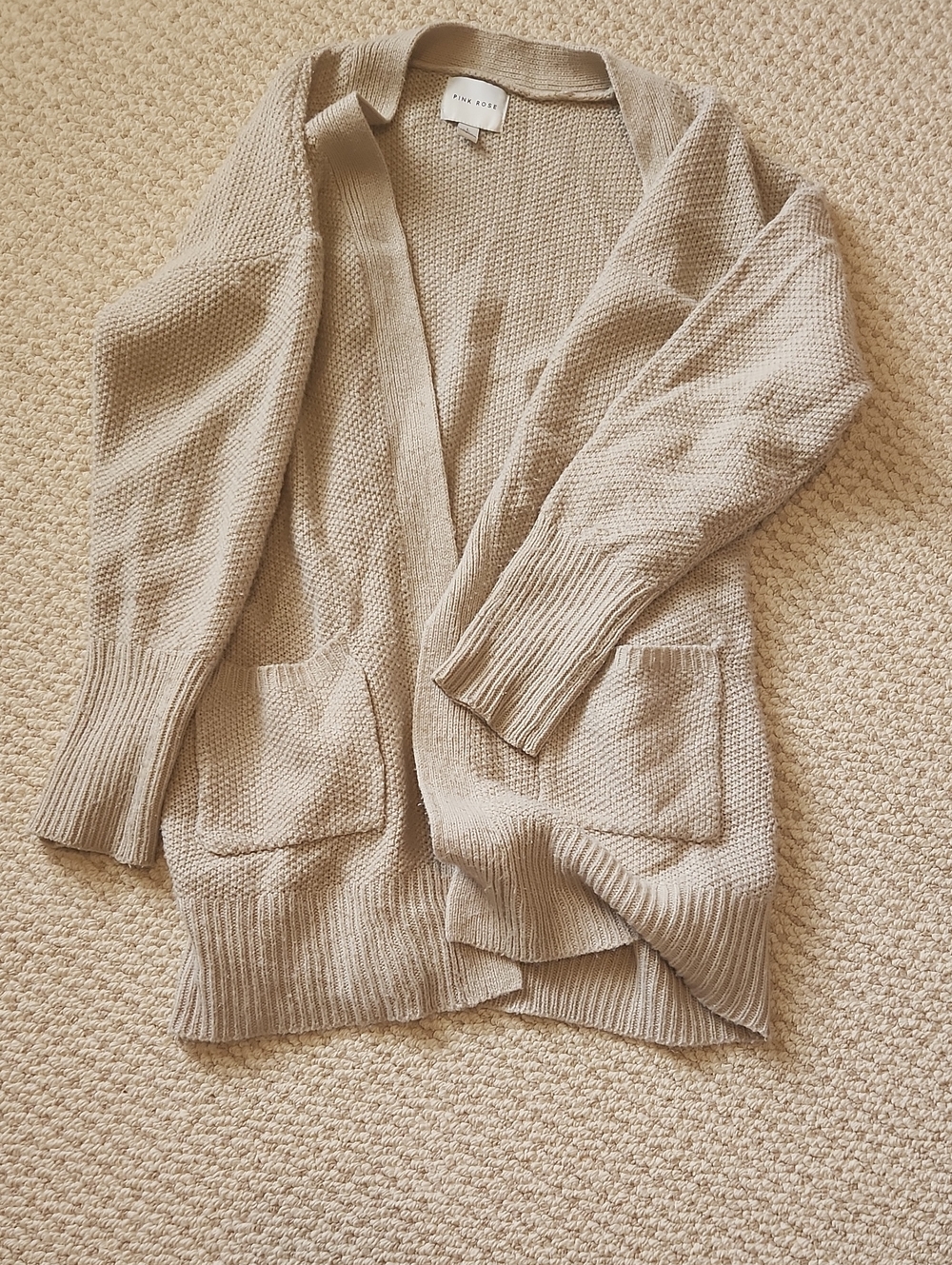 Pink Rose Beige Open Knit Cardigan with Patch Pockets